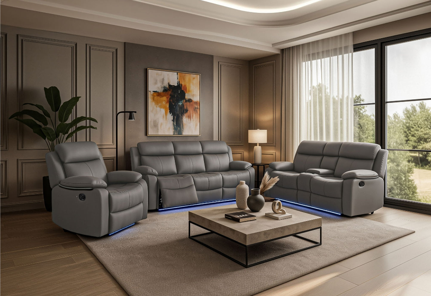 U6026 - 3 Piece Living Room Set (Reclining Sofa, Console Reclining Loveseat, Glider Recliner) - Gray