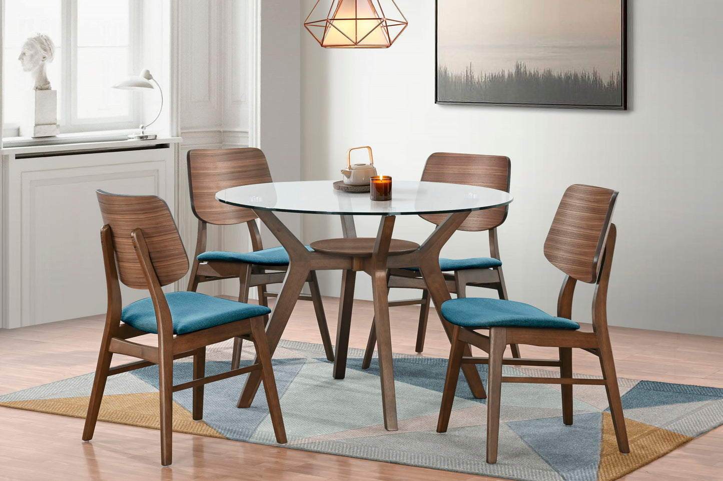 Oscar - Round Glass Table With 4 Teal Cushion Chairs - Brown
