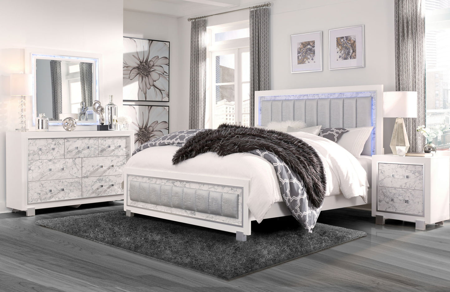 Santorini - King Bed - Metallic White