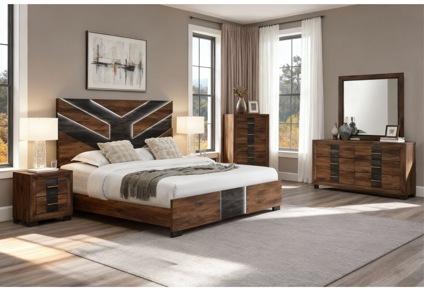 Optimus - 5 Piece Queen Bedroom Set - Black / Brown
