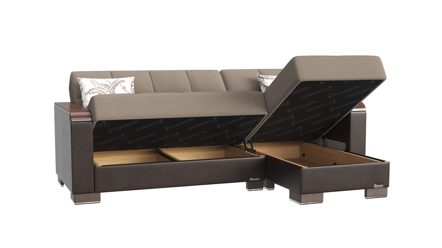 Ottomanson Armada X - Upholstered Convertible Wood Trimmed Chaise Lounge With Storage - Beige/Brown PU Chenille