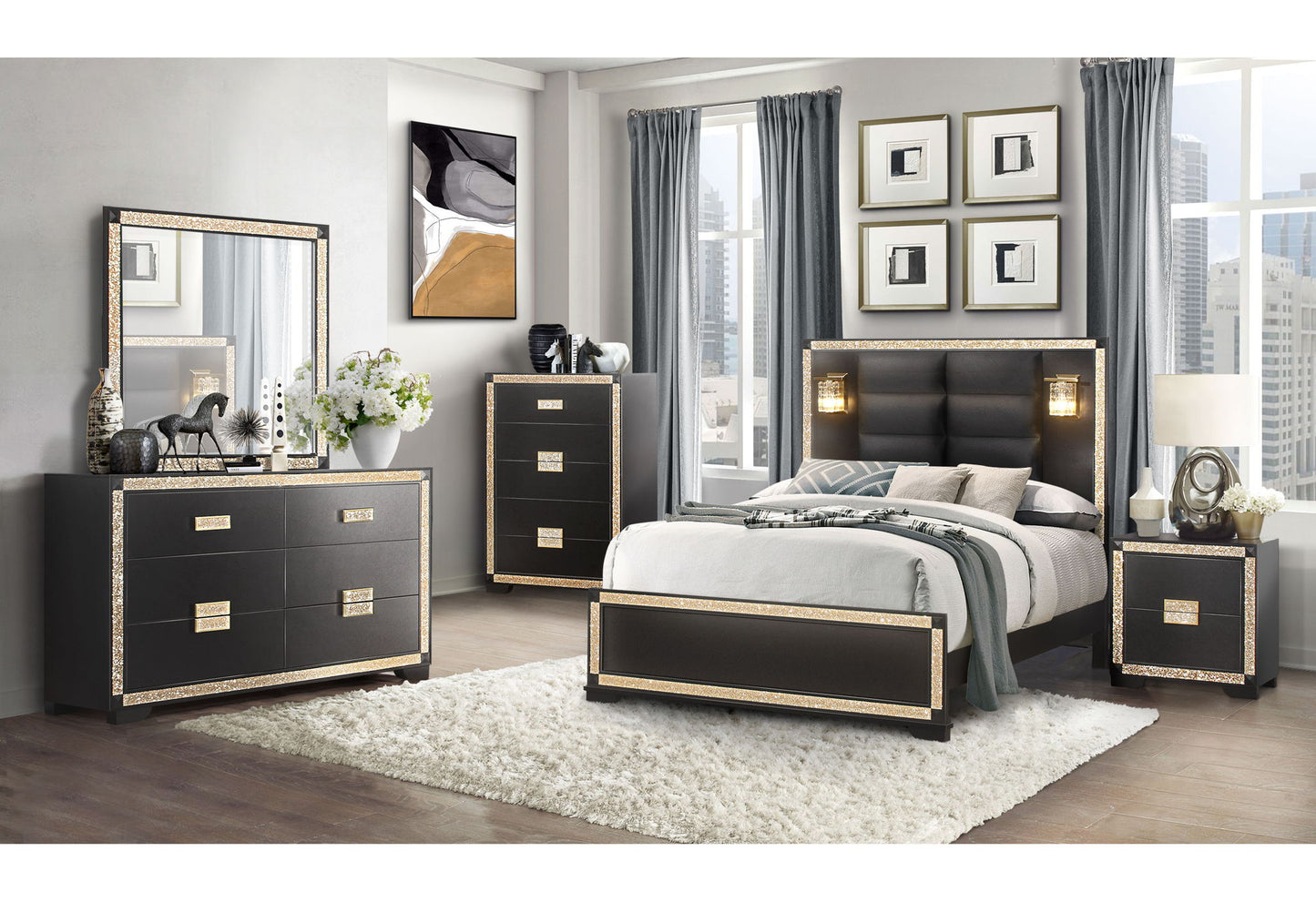 Blake - 4 Piece Full Bedroom Set - Black / Gold