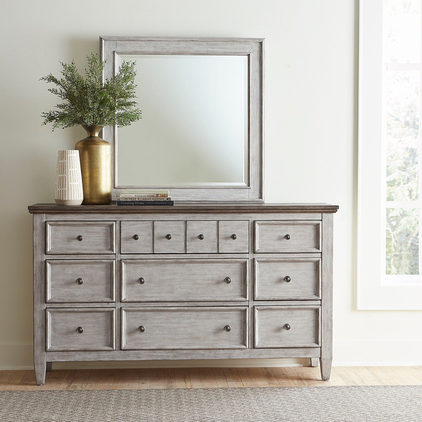 Heartland - 9 Drawer Dresser - Antique White / Tobacco Tops