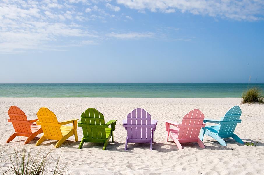 Rainbow Chairs On Beach (Framed) - Blue