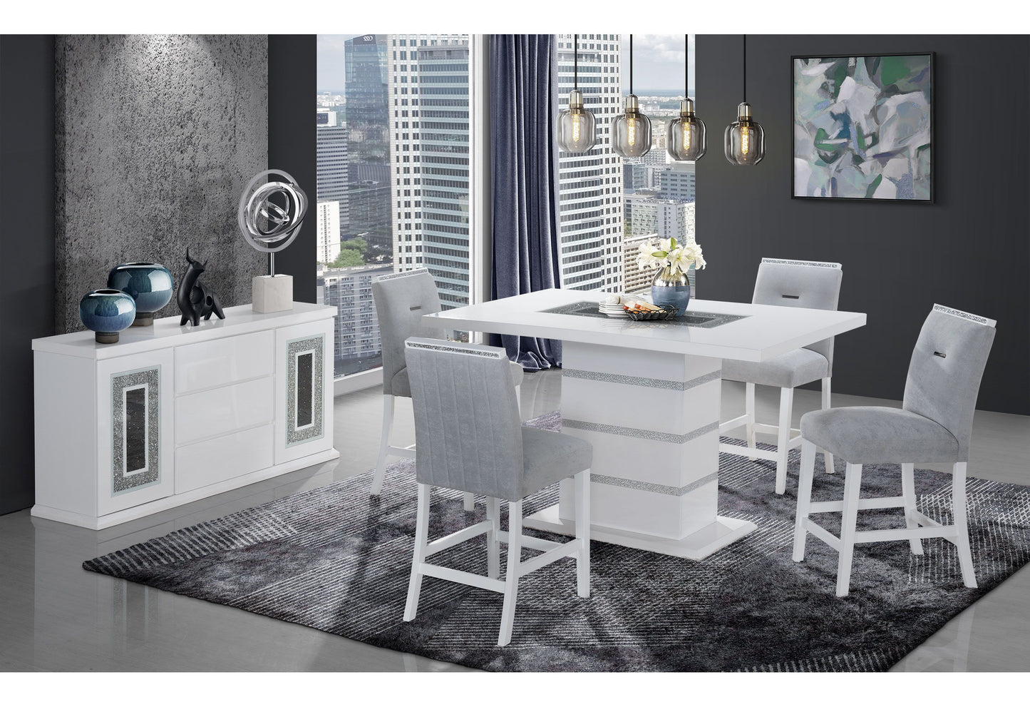 Monaco - 5 Piece Dining Room Set (Rectangular Bar Table & Four Bar Stools) - Light Gray / White