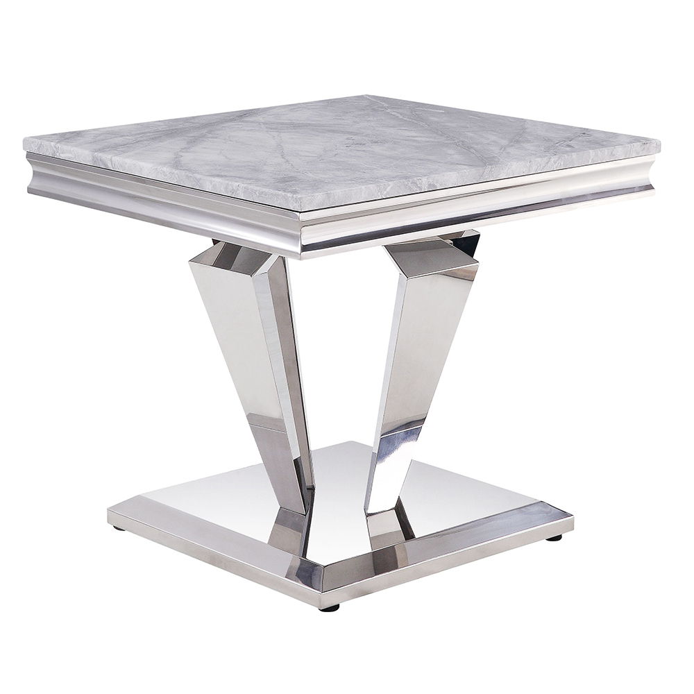 Satinka - End Table - Light Gray Printed Faux Marble Top & Mirrored Silver