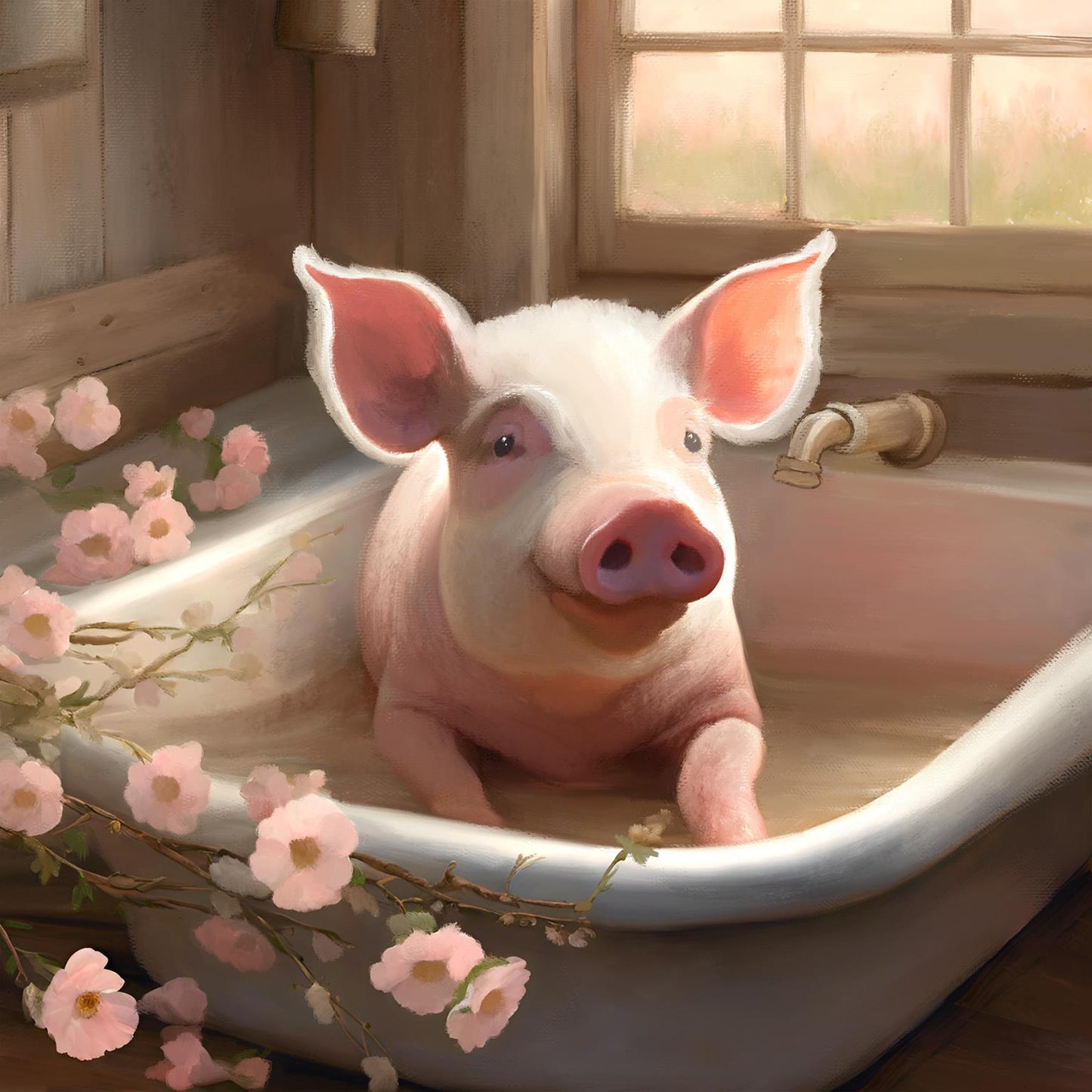 Pig Bath By Elizabeth Medley (Framed) - Pink