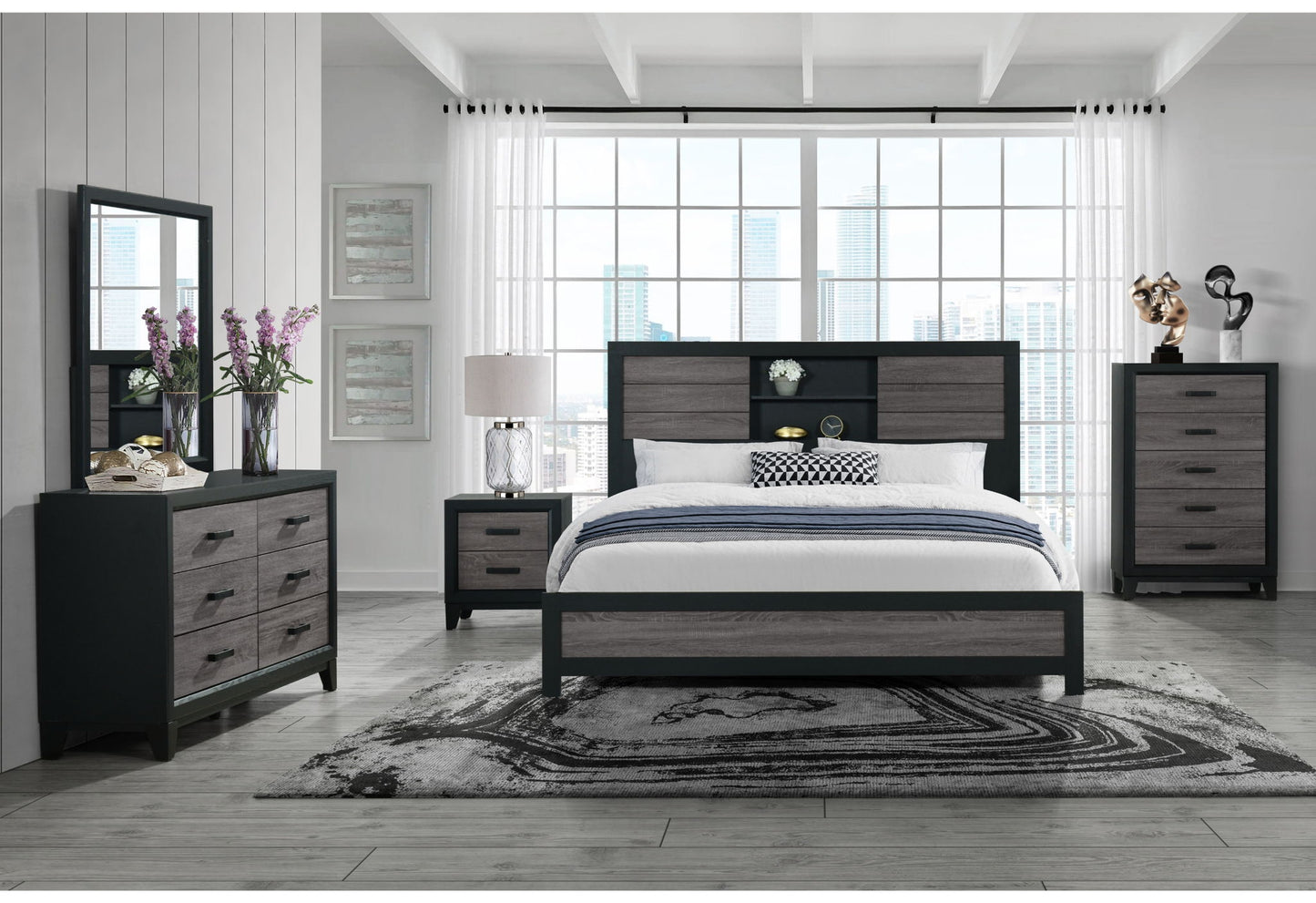 Lisbon - 5 Piece Full Bedroom Set (Bookcase Full Bed) - Black / Gray