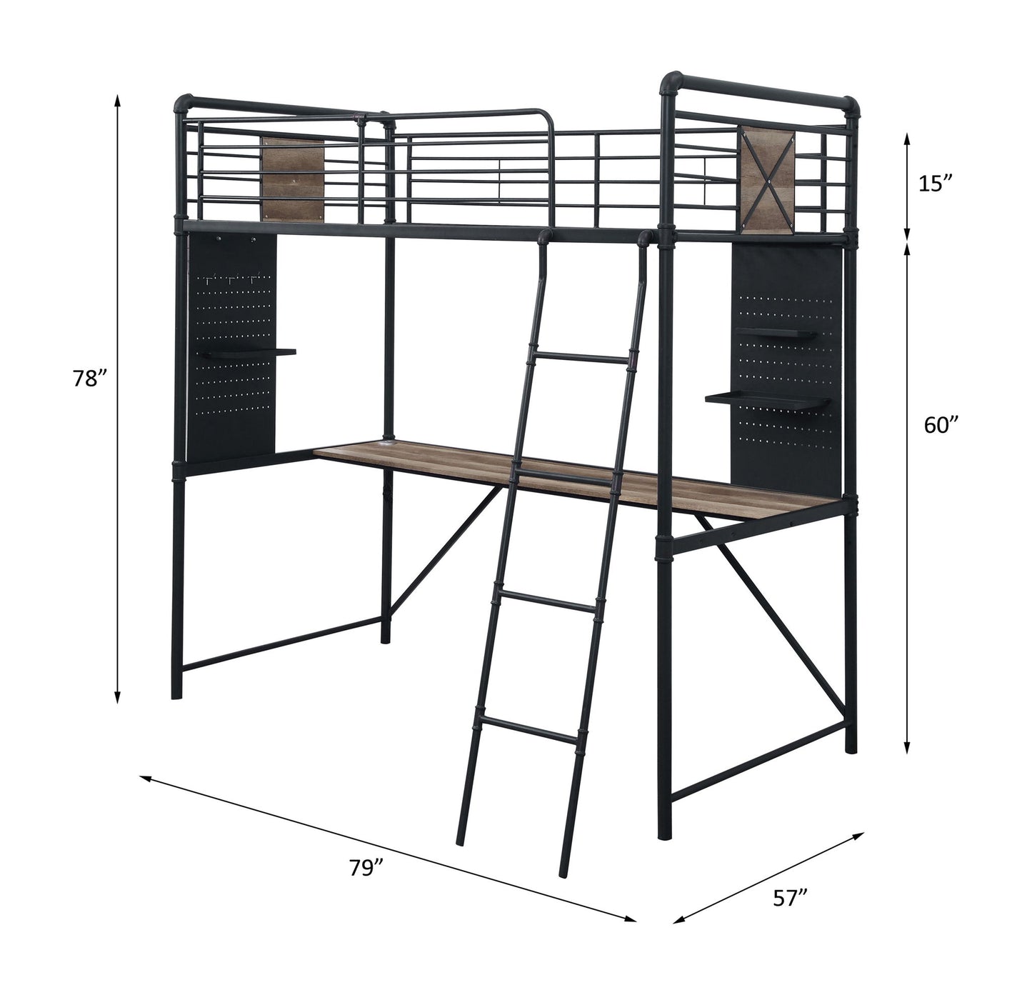 Cordelia - Twin Loft Bed With Desk - Antique Oak, Sandy Black & Dark Bronze Hand-Brushed