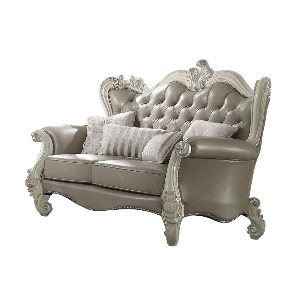 Versailles - Loveseat With 4 Pillows - Vintage Gray Synthetic Leather & Bone White