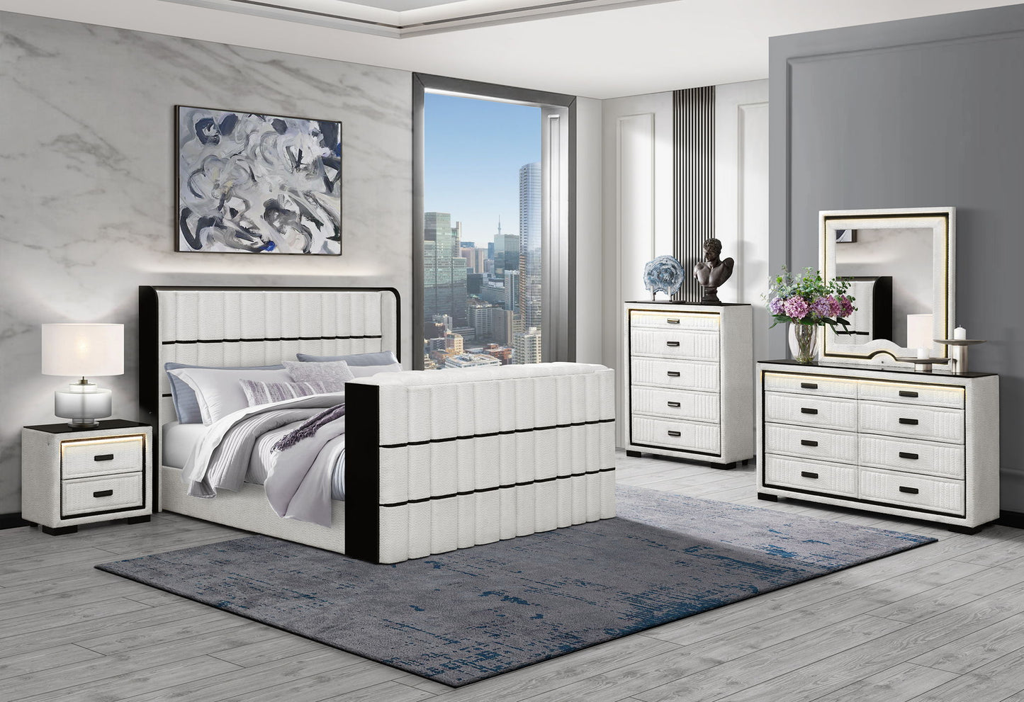 Isabella - 5 Piece Queen Bedroom Set (Queen Bed Group With LED, TV Lift, Bluetooth Speaker And Firpeplace Crystal) - Black / White