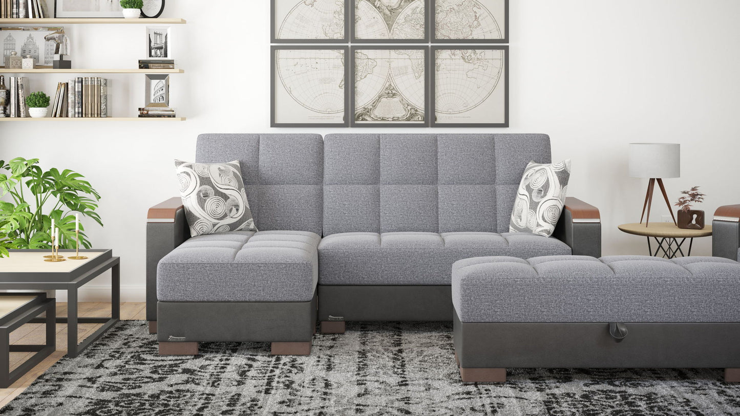 Ottomanson Armada X - Upholstered Convertible Wood Trimmed Ottoman With Storage - Gray/Black PU Polyester