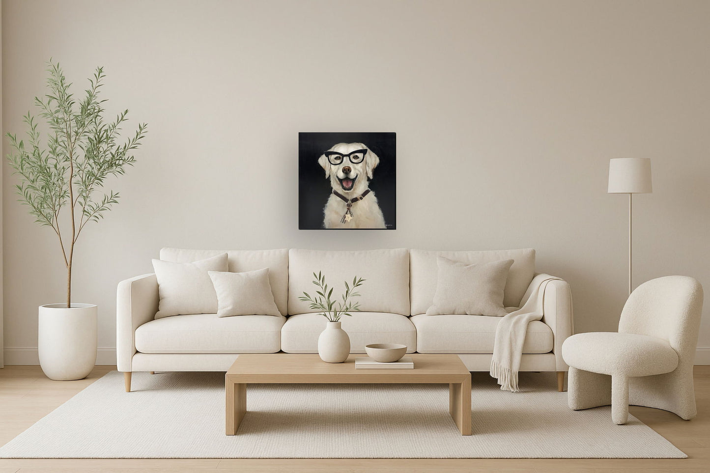 Cheerful Scholar Pup - 25" x 25" Framed Wall Art - Beige