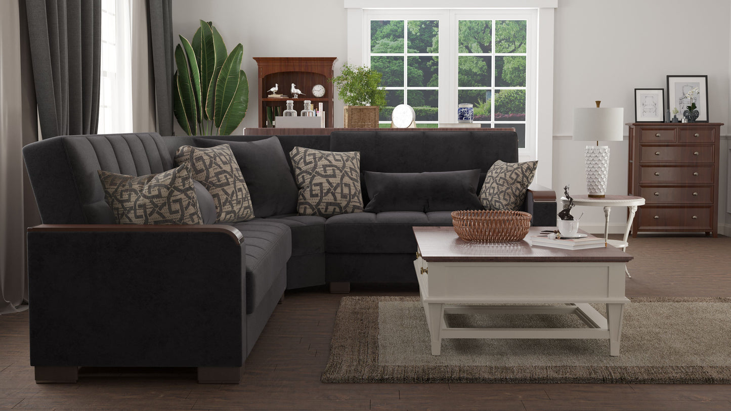 Ottomanson Armada X - Upholstered Convertible Wood Trimmed Sectional With Storage - Microfiber