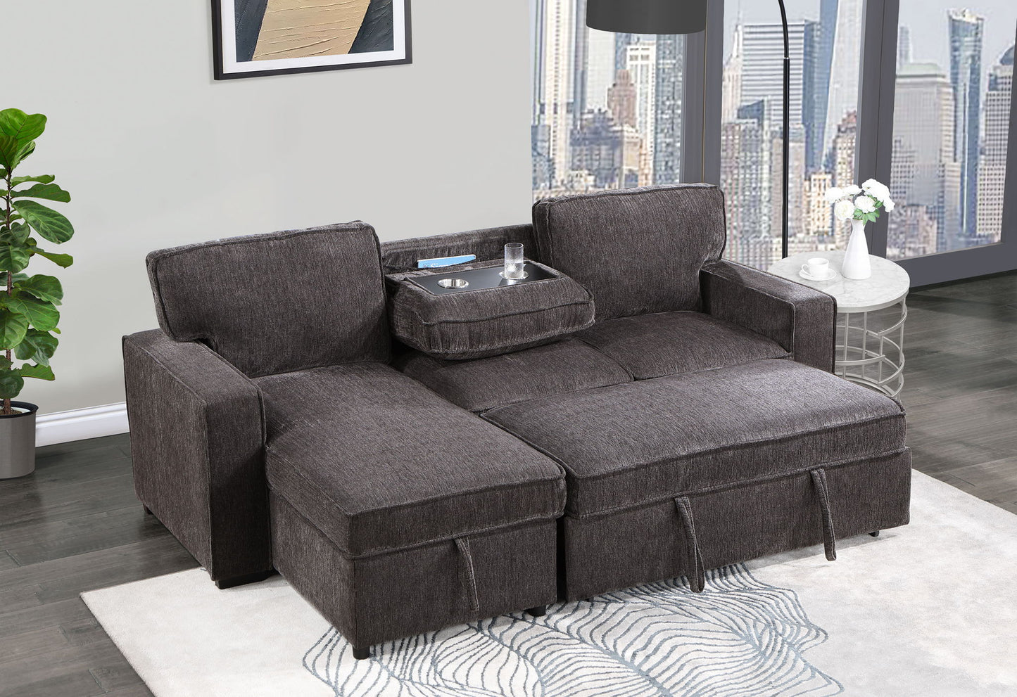 U0203 - Reversible Pull Out Fabric Sofa Bed - Dark Gray