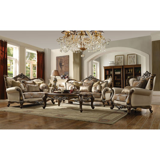 Latisha - Loveseat - Tan, Pattern Fabric & Antique Oak