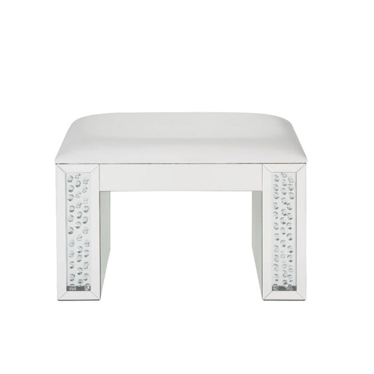 Nysa - Vanity Stool - Ivory PU, Mirrored & Faux Crystals