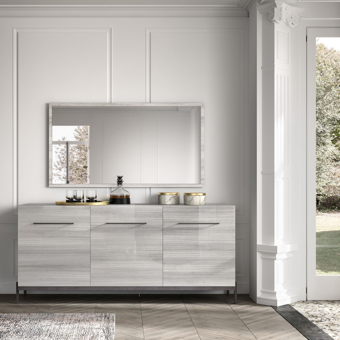 Mia - 3 Door Buffet - White / Gray / Silver