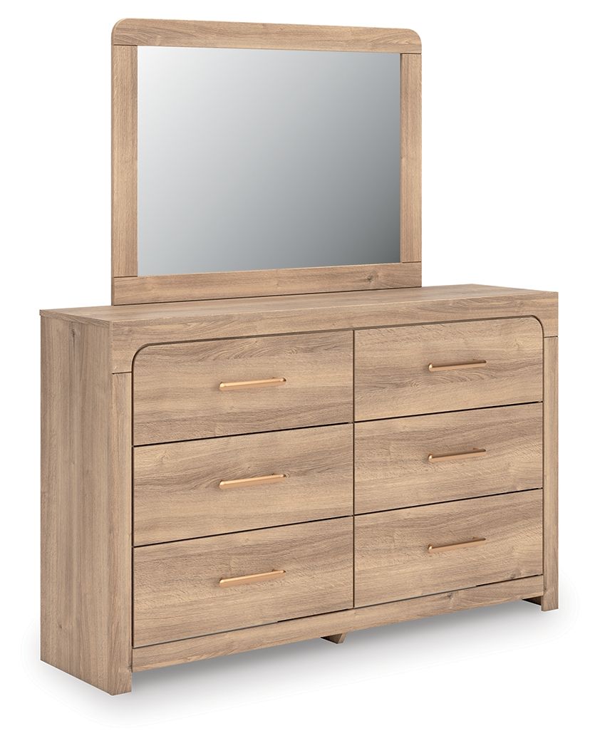 Kinlanni - 3 Pc. - Queen Upholstered Panel Bed, Dresser And Mirror - Tan
