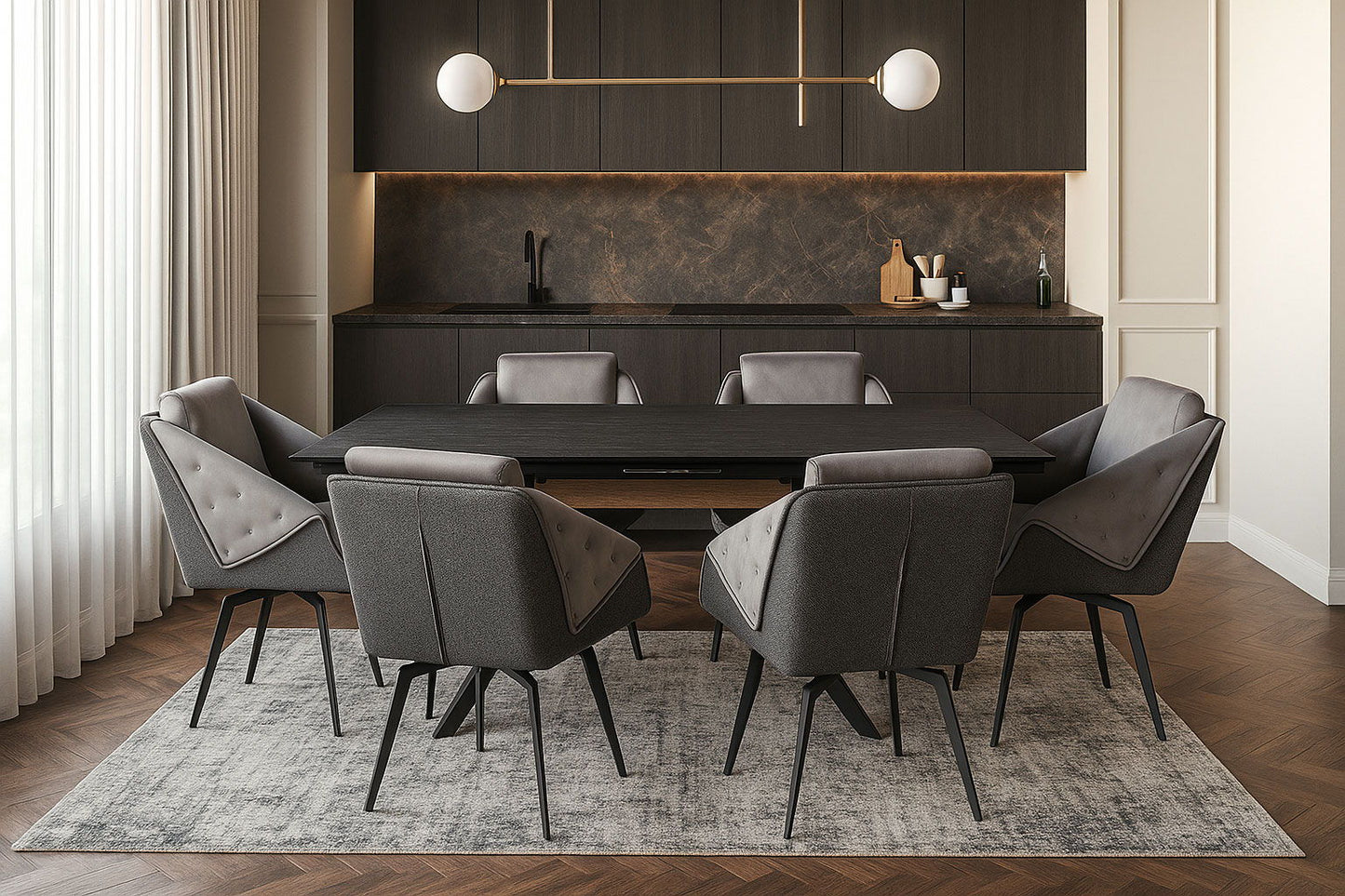 Aurora - 7 Piece Dining Room Set (Dining Table And 6 Chairs) - Grey / Silver / Black