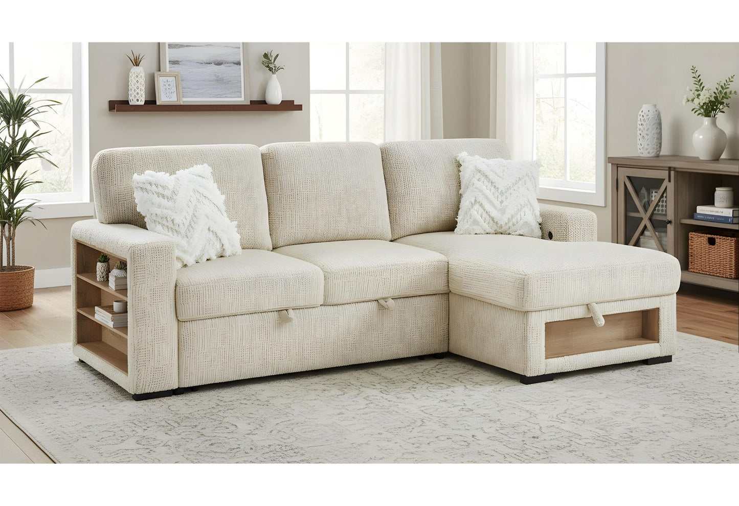 U0222 - Pull Out Sofa Bed With Speaker And 2 Pillows - Cream