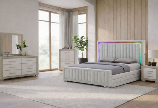 Elias - 5 Piece King Bedroom Set Regular Footboard - Light Gray / Natural / White