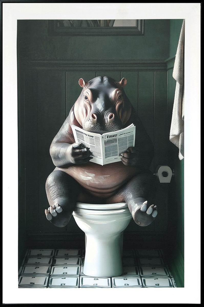 "Quirky Hippo" Hand-Embellished Canvas In Frame - Green / Gray