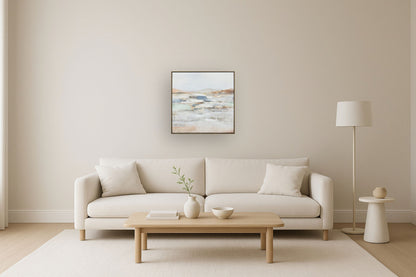 "Serene Horizons I" Hand-Embellished Canvas In Frame - White / Orange / Blue