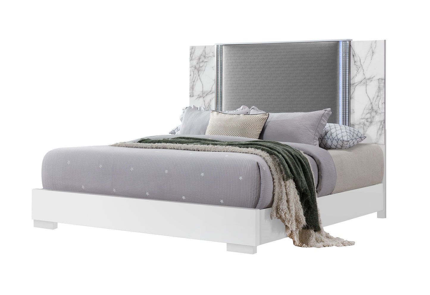 Ylime - 5 Piece King Marble Bedroom Set - White