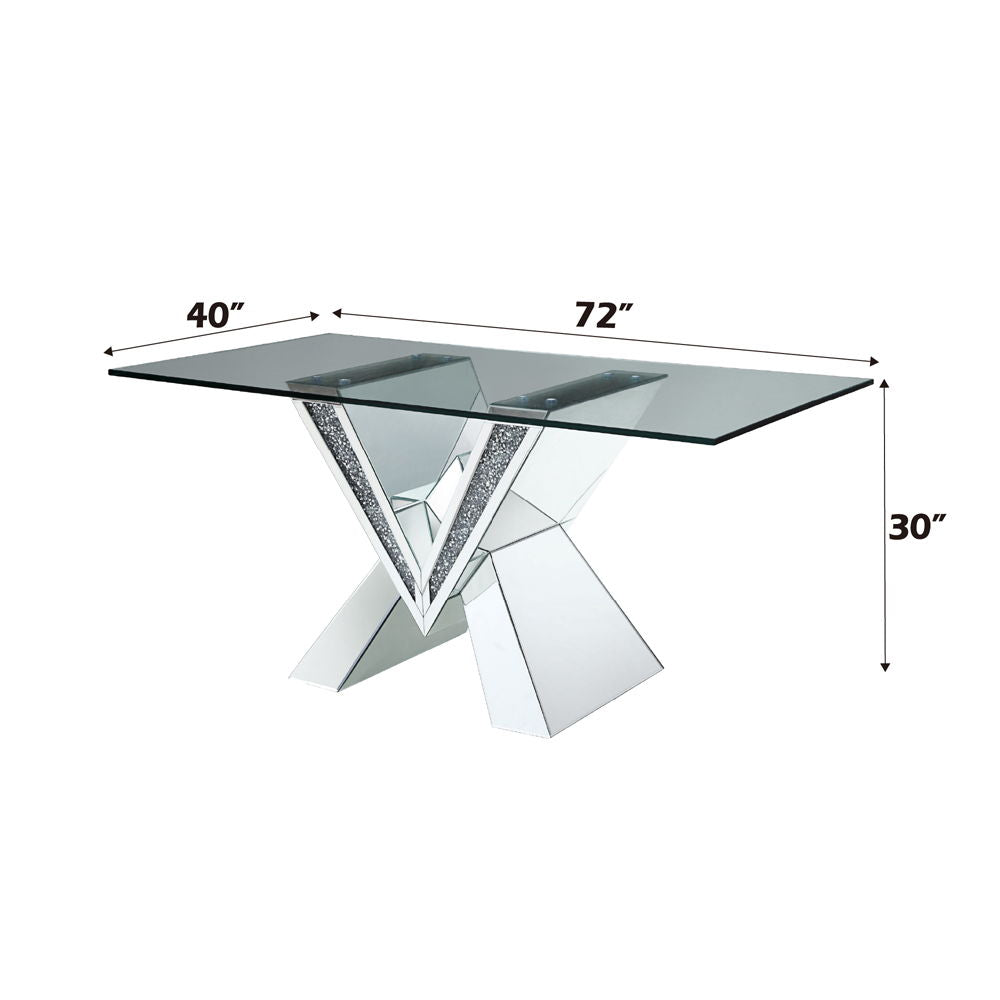 Noralie - 30" Dining Table - Mirrored, Faux Diamonds & Clear Glass Top