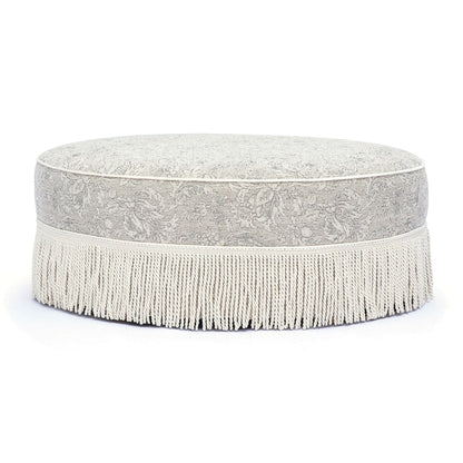 Tassy - Floral Tasseled Round Ottoman - Neutral