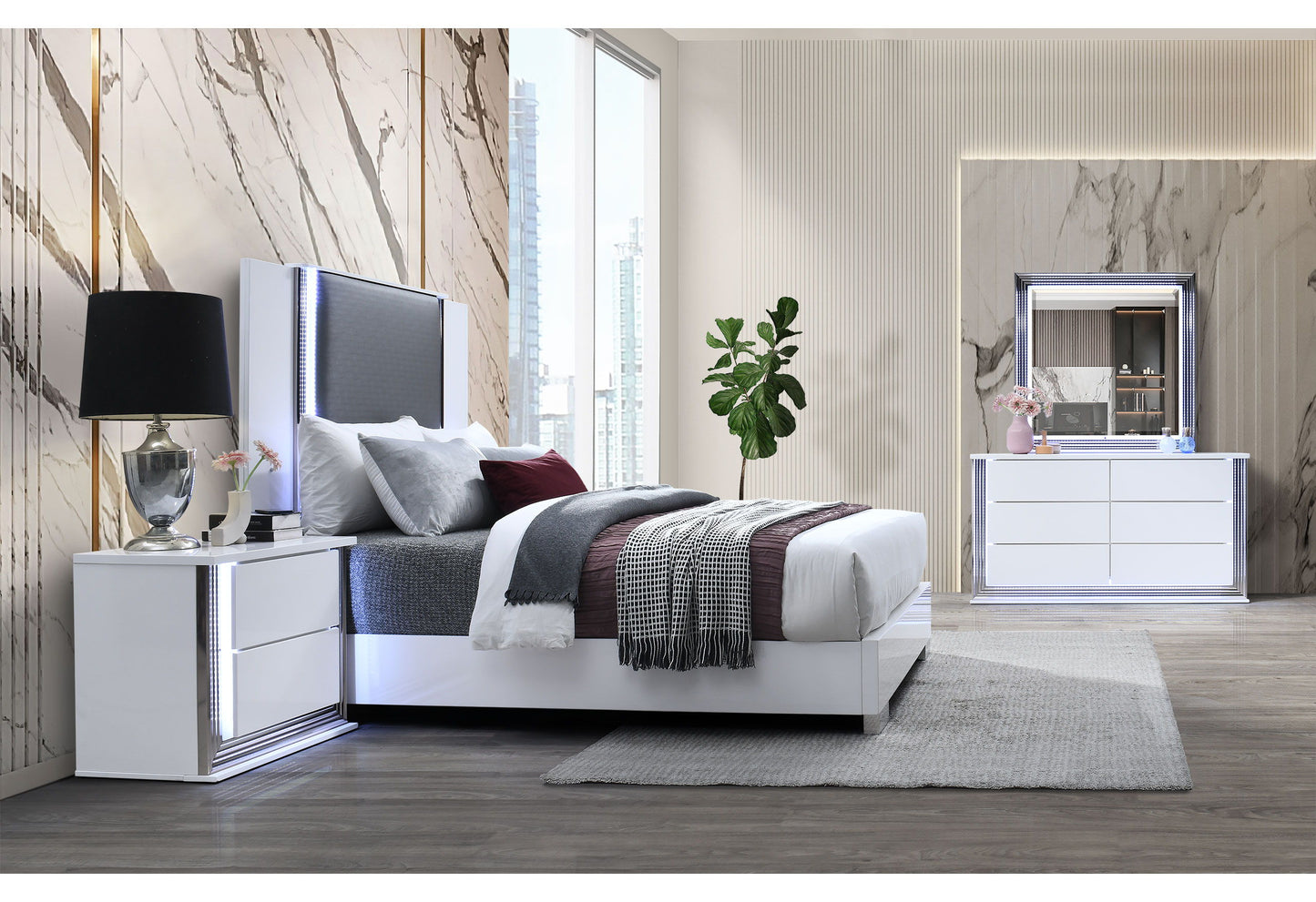 Ylime - 4 Piece Queen Bedroom Set (Queen Bed, Dresser, Mirror, Nightstand) - Smooth White