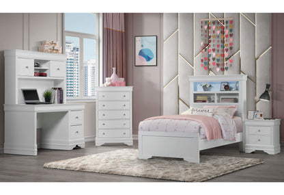 Pompei - 5 Piece Twin Bedroom Set (Bookcase Bed With Desk And Hutch, Nightstand And Chest) - Metallic White