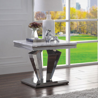 Satinka - End Table - Light Gray Printed Faux Marble Top & Mirrored Silver