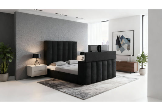 Serenity - Queen Bed With Speaker, TV Lift, And Fireplace - Onyx