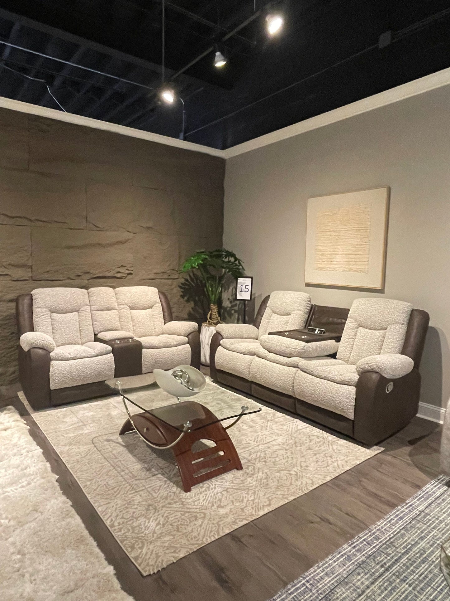 U4377 - Reclining Sofa With Drop Down Table / Console Reclining Loveseat / Glider Recliner - Gray / Brown