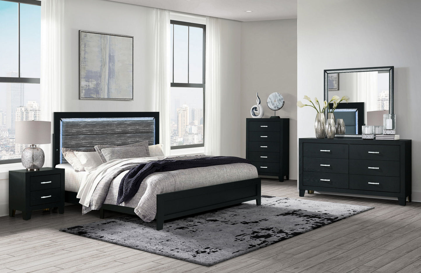 Reid - 5 Piece Queen Bedroom Set With LED - Black