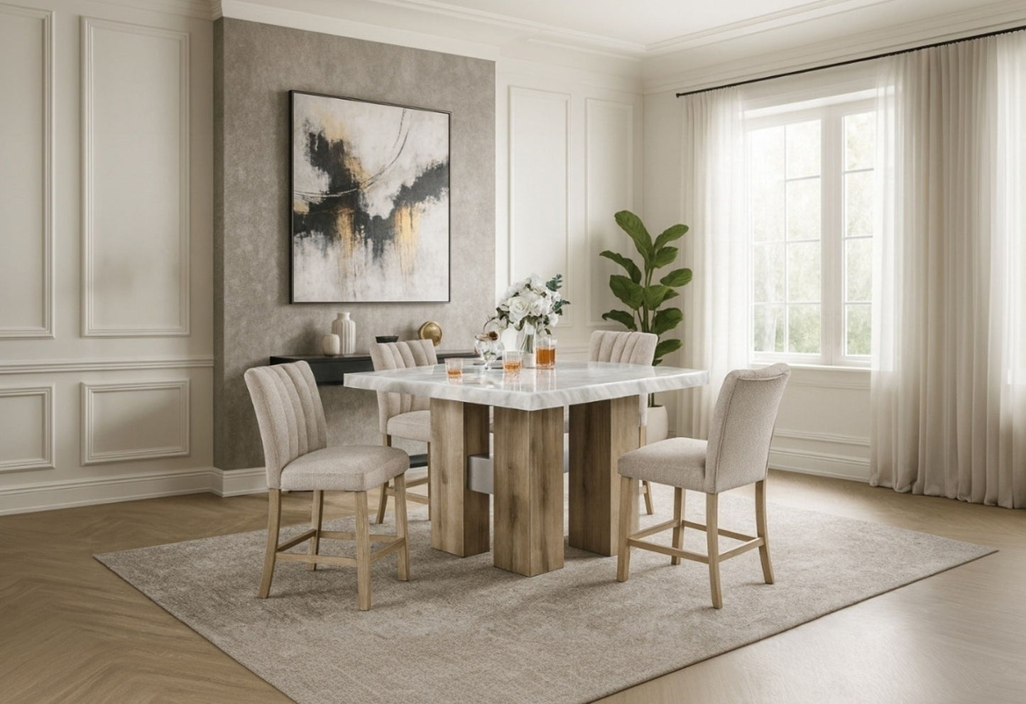 D04 - 7 Piece Dining Room Set (Bart Table And 6 Bar Stool) - Natural silver