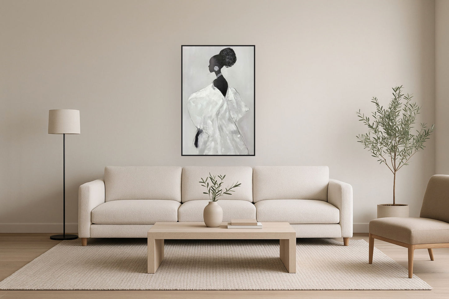 "Elegant Silhouette I" Hand-Painted With Rocks In Frame - White / Black / Rock