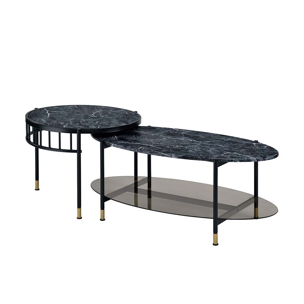 Silas - Nesting Coffee Table Set - Faux Marble Top & Black