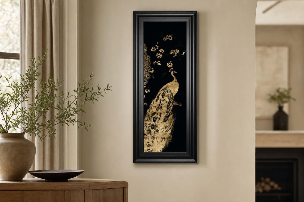 18x42 Gilded Peacock Triptych III By Jennifer Goldberger - Black