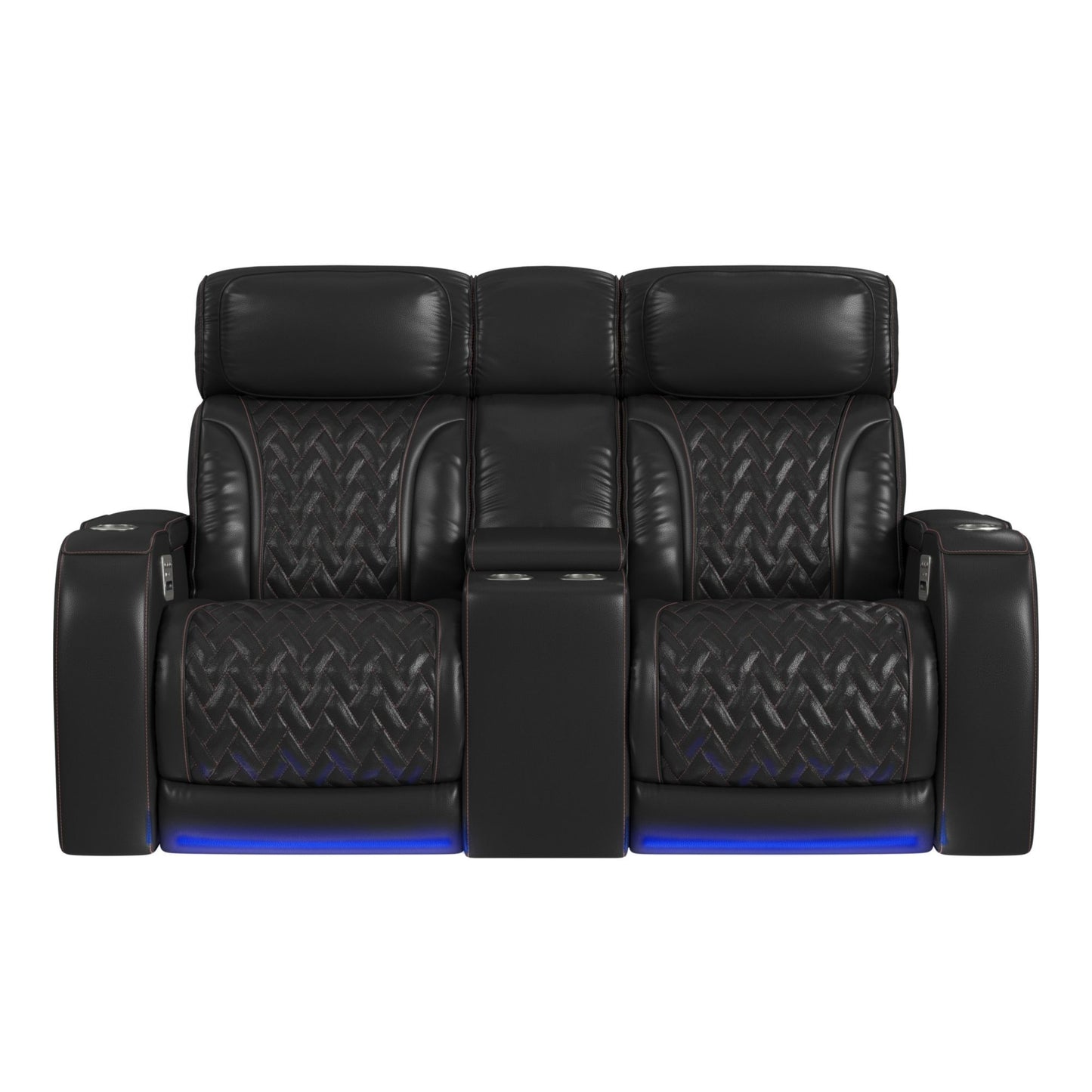 Prime Time - P3 Loveseat With LED, Wireless Charger Pocket, And Console - Jett Black With Red Stitching