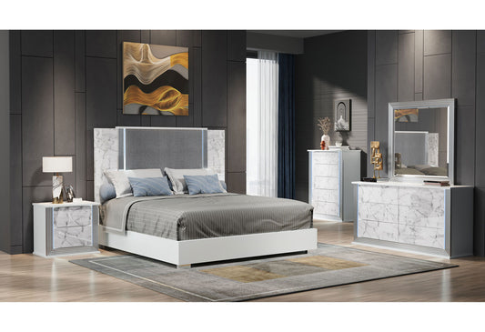 Ylime - 5 Piece King Marble Bedroom Set - White