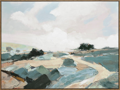 "Tranquil Pathway" Hand-Embellished Canvas In Frame - Beige / Blue / Green