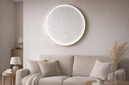 Lunar Relief Hand-Painted LED Canvas In Frame - Ivory / White