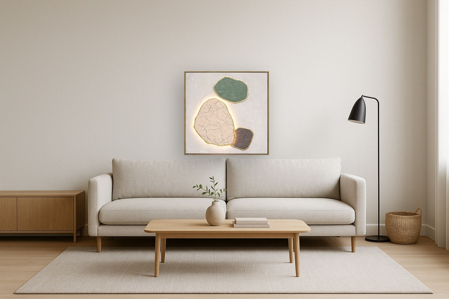 Earthen Forms I Hand-Painted LED Canvas In Frame - Ivory / Sage