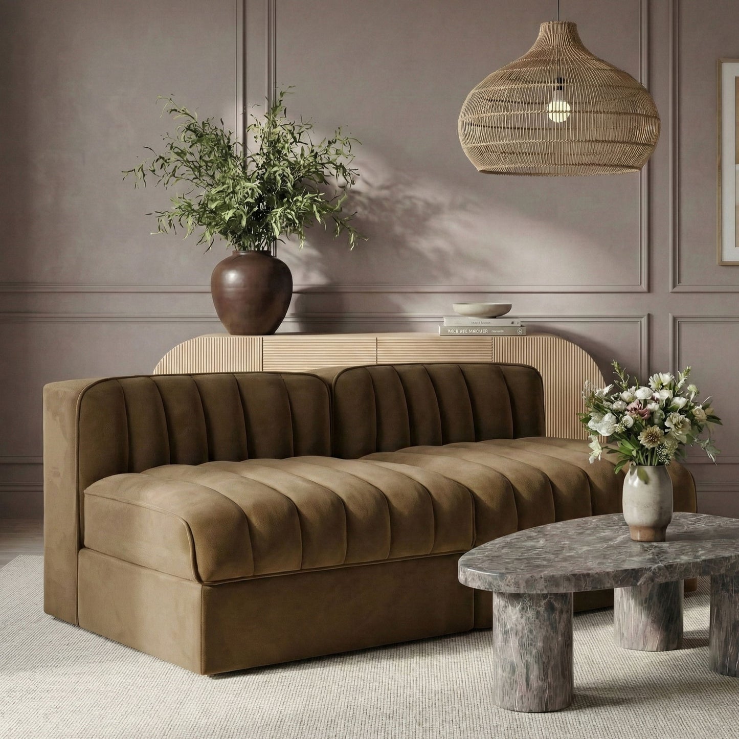 Rummi - Velvet Performance Fabric Upholstered 2 Piece Modular Armless Loveseat