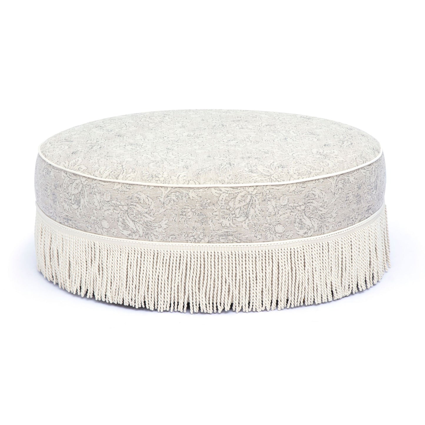 Tassy - Floral Tasseled Round Ottoman - Neutral