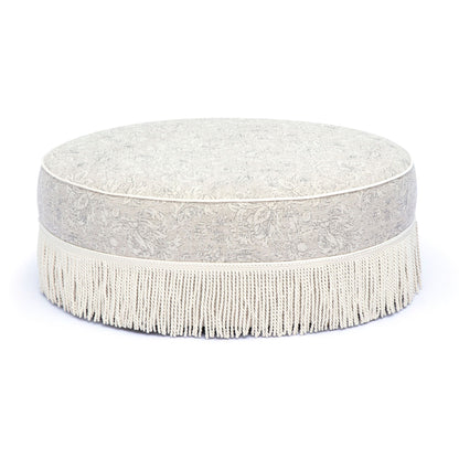 Tassy - Floral Tasseled Round Ottoman - Neutral