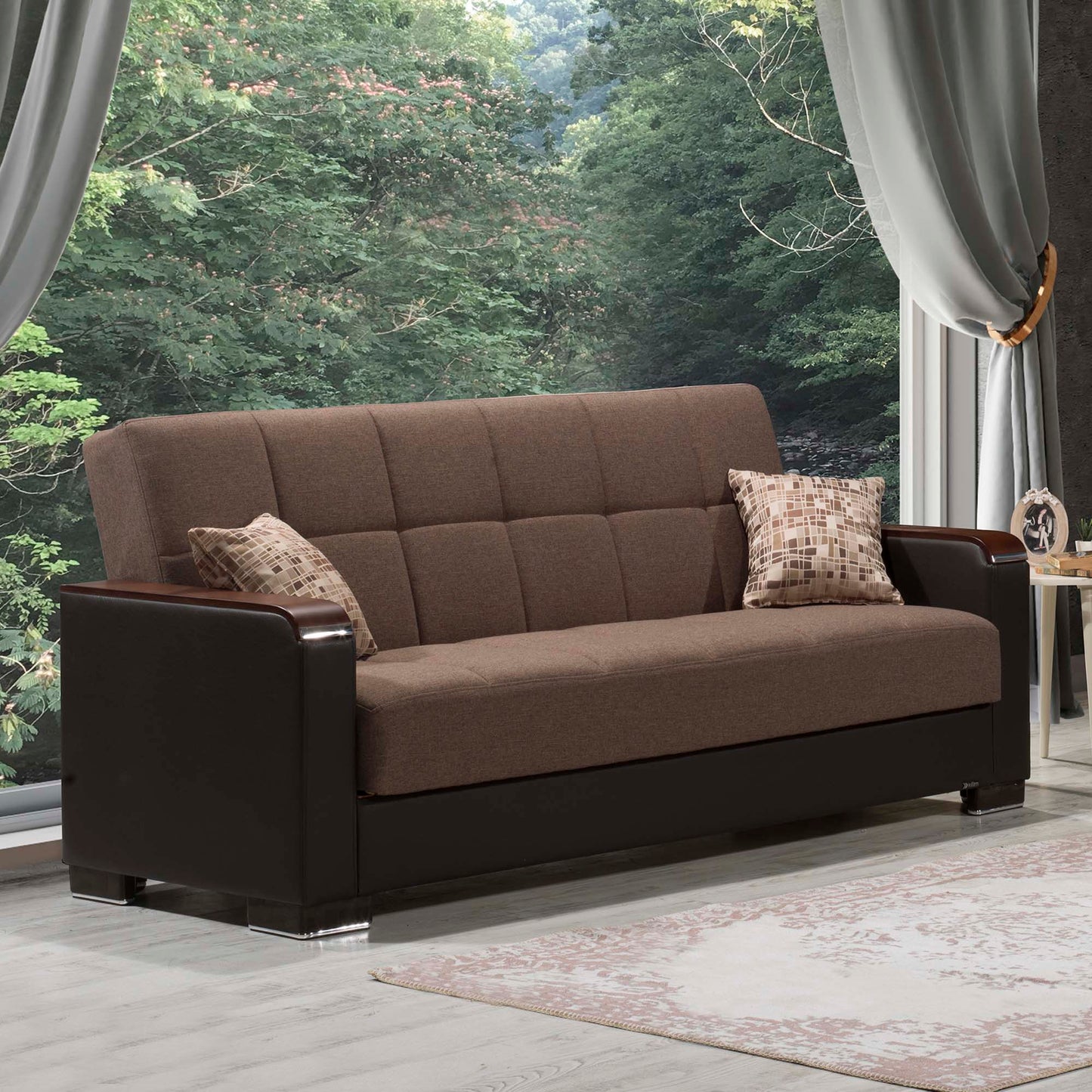 Ottomanson Armada X - Upholstered Convertible Wood Trimmed Sofabed With Storage - Brown PU Polyester